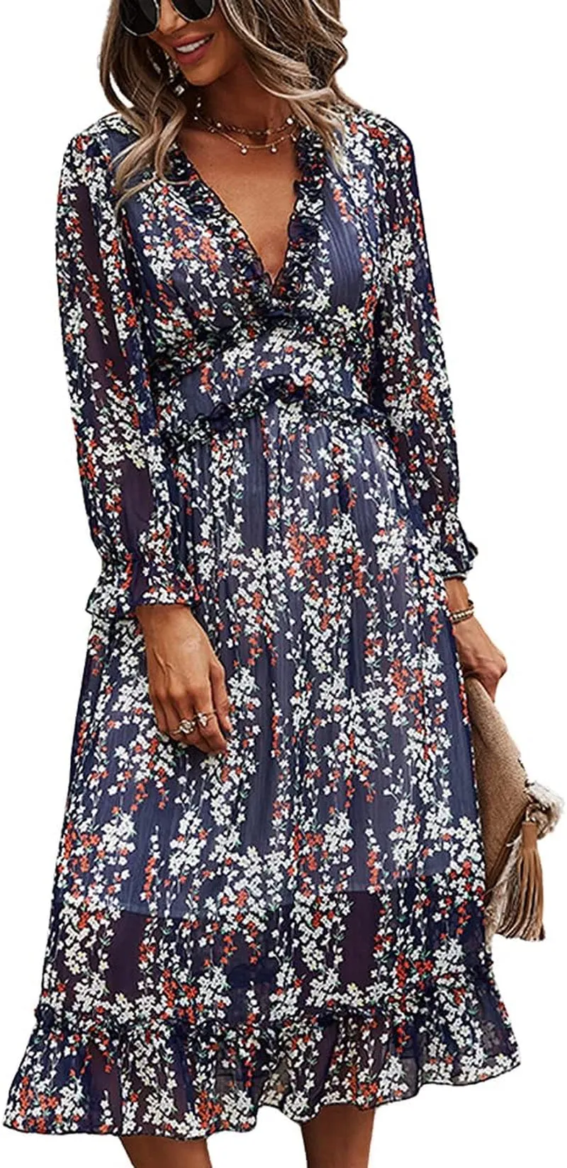 Womens Fall Spring Summer Sexy V Neck Ruffle Long Sleeve Short Sleeve Floral Print a Line Long Midi Dress