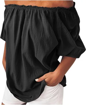 Womens Off Shoulder Tops Linen Cotton Tunic Tops Long Sleeves Ruffle Balloon Sleeve Shirts Summer Casual Blouses