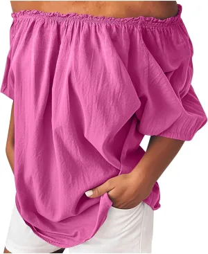 Womens Off Shoulder Tops Linen Cotton Tunic Tops Long Sleeves Ruffle Balloon Sleeve Shirts Summer Casual Blouses