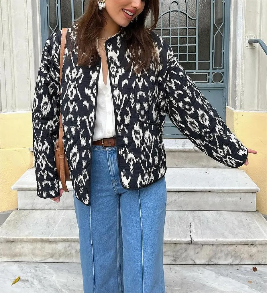 Women's Quilted Jacket Lightweight Floral Print Padded Puffer Jacket Coat Winter Vintage Button Down Cardigan Outwear