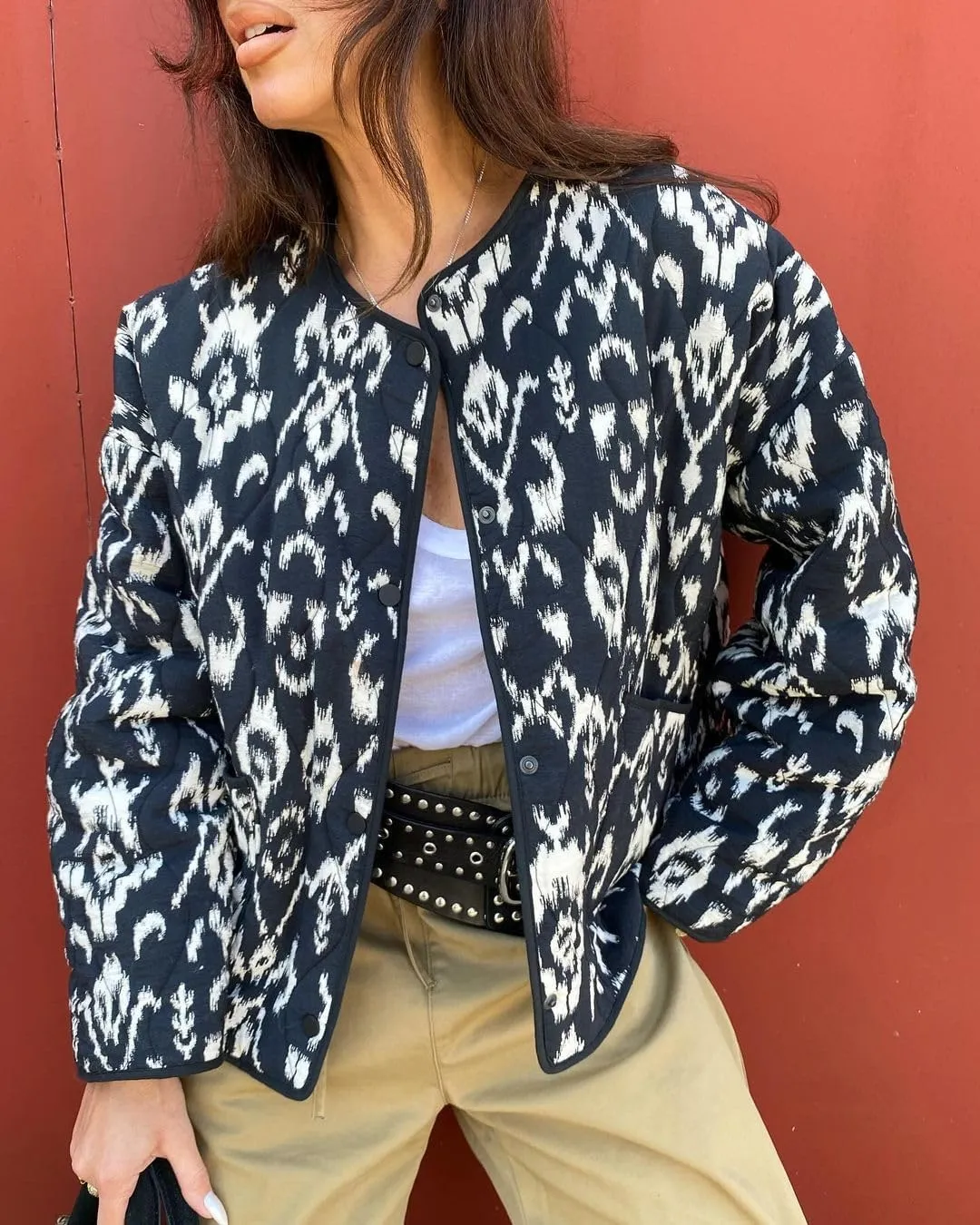 Women's Quilted Jacket Lightweight Floral Print Padded Puffer Jacket Coat Winter Vintage Button Down Cardigan Outwear