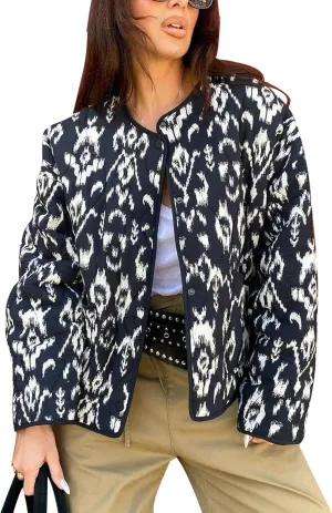 Women's Quilted Jacket Lightweight Floral Print Padded Puffer Jacket Coat Winter Vintage Button Down Cardigan Outwear