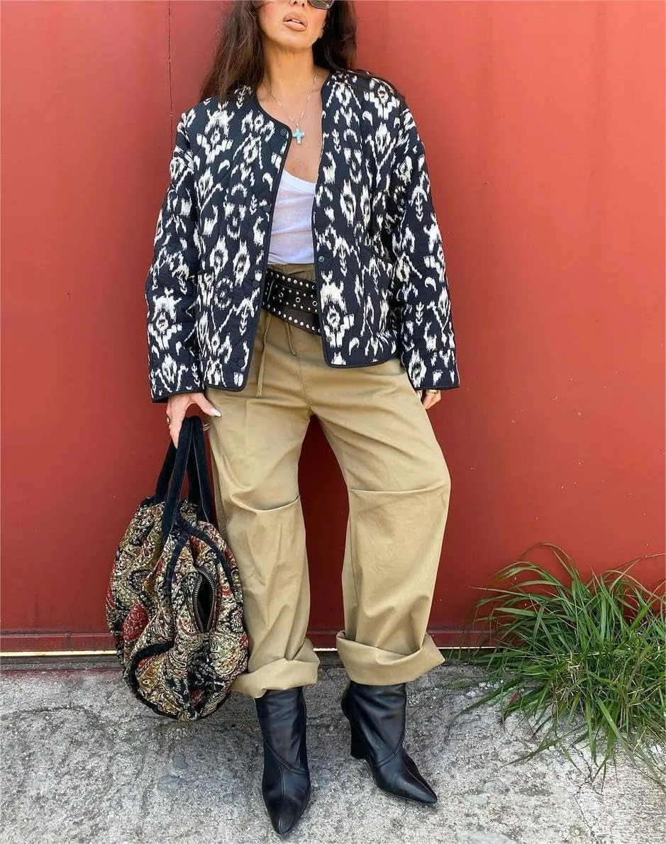 Women's Quilted Jacket Lightweight Floral Print Padded Puffer Jacket Coat Winter Vintage Button Down Cardigan Outwear