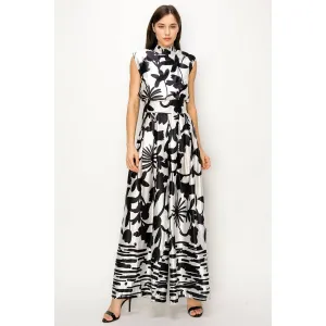 Women's Satin Floral Print Mock Neck  Wide Leg Jumpsuit