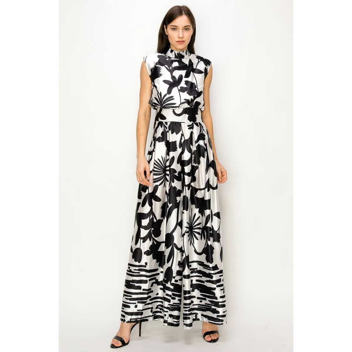 Women's Satin Floral Print Mock Neck  Wide Leg Jumpsuit