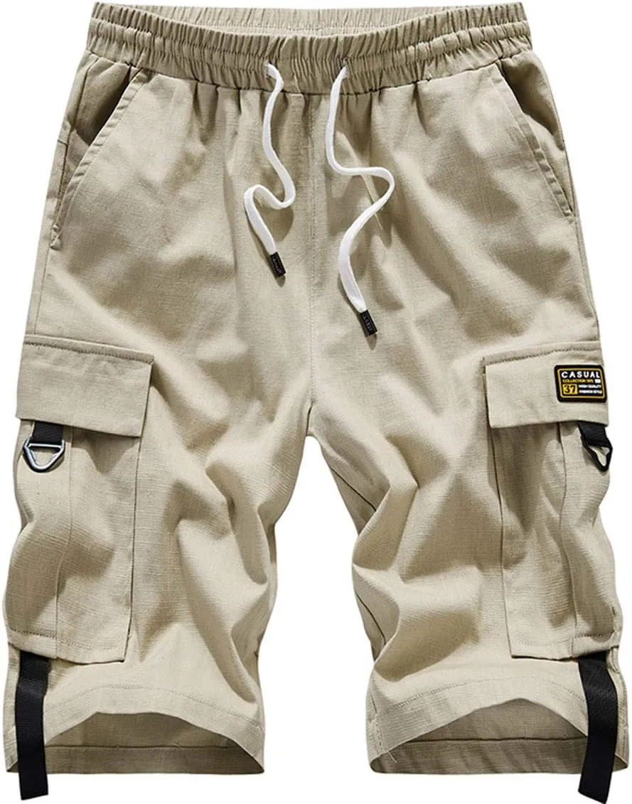 XinYangNi Men's Cargo Shorts Elastic Waist Relaxed Fit Cotton Casual Outdoor Lightweight Work Shorts Multi-Pockets