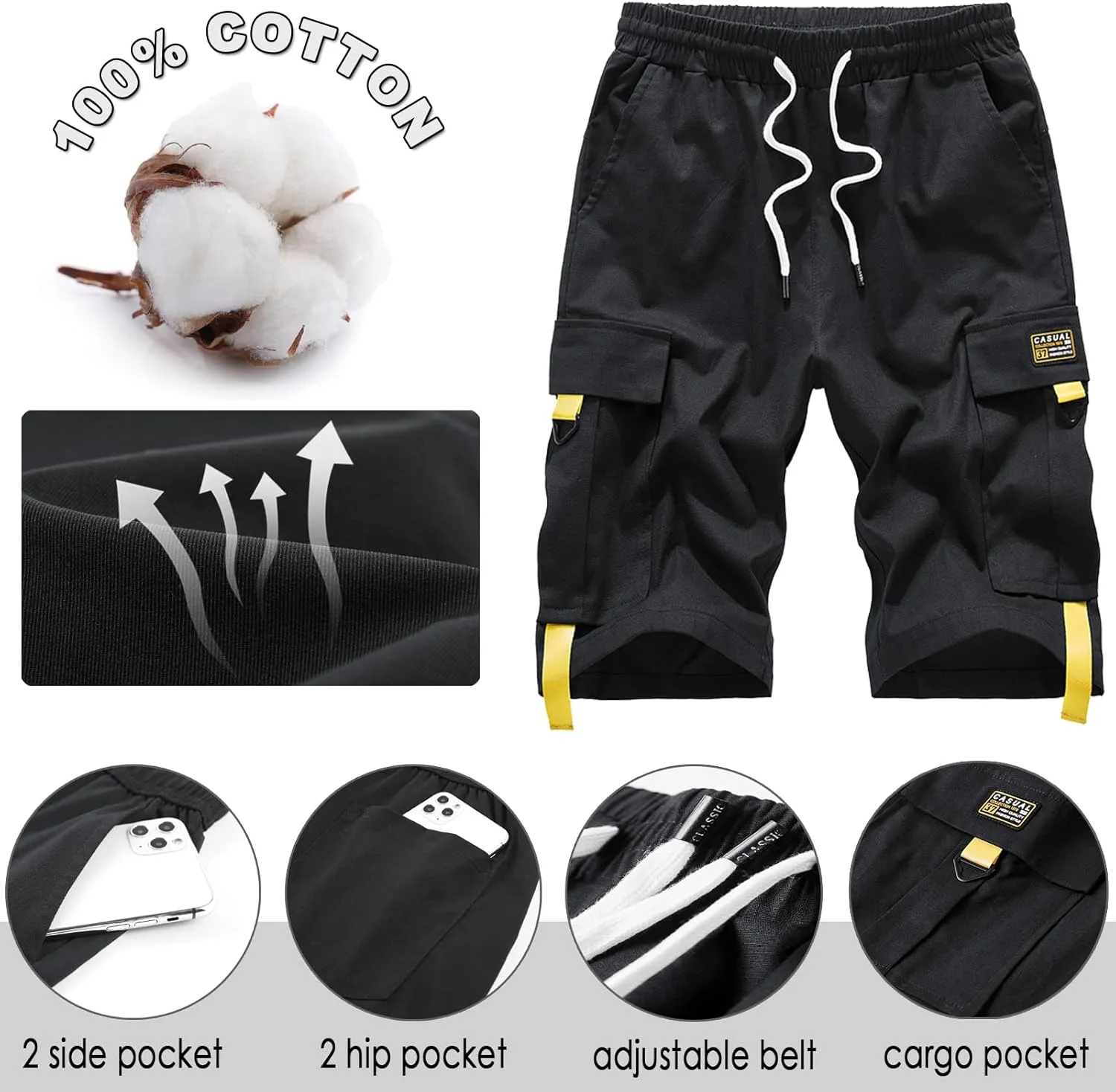 XinYangNi Men's Cargo Shorts Elastic Waist Relaxed Fit Cotton Casual Outdoor Lightweight Work Shorts Multi-Pockets