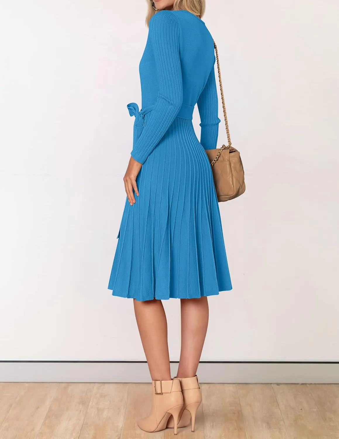 ZESICA Women's Fall Long Sleeve Wrap V Neck Ribbed Knit Pleated A Line Pullover Sweater Dress with Belt