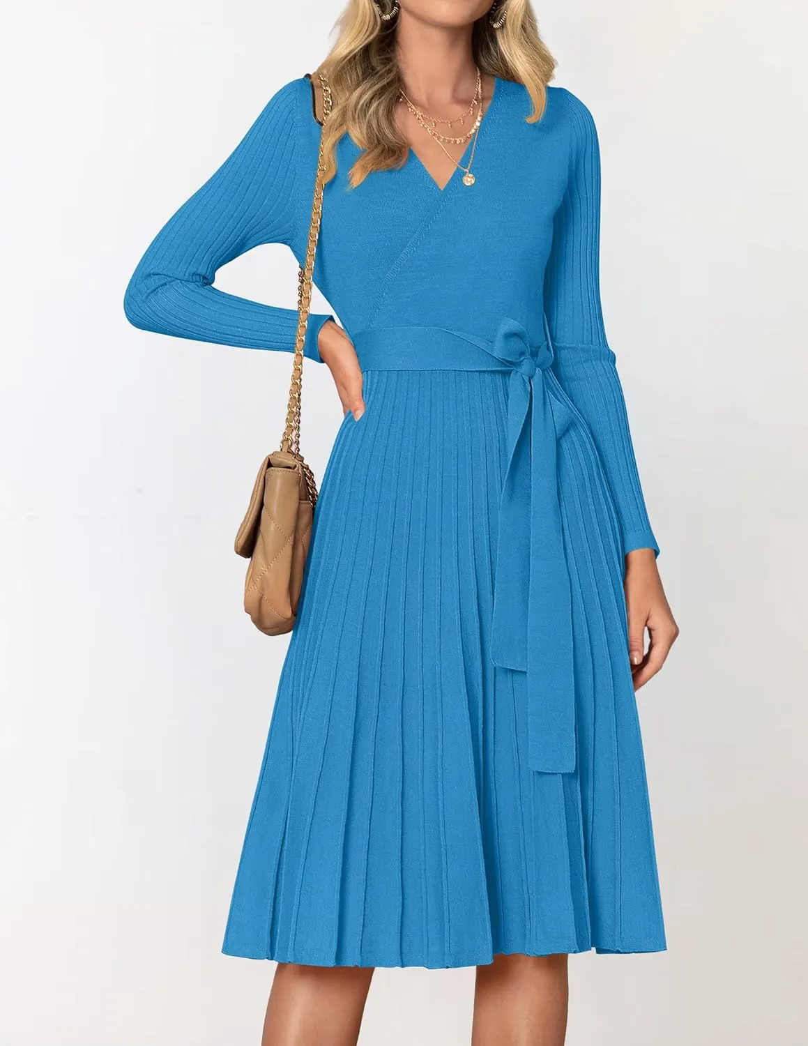 ZESICA Women's Fall Long Sleeve Wrap V Neck Ribbed Knit Pleated A Line Pullover Sweater Dress with Belt